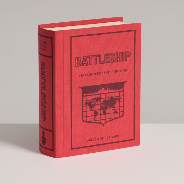 Red book titled 'Battleship Vintage Bookshelf Edition' on a gray background