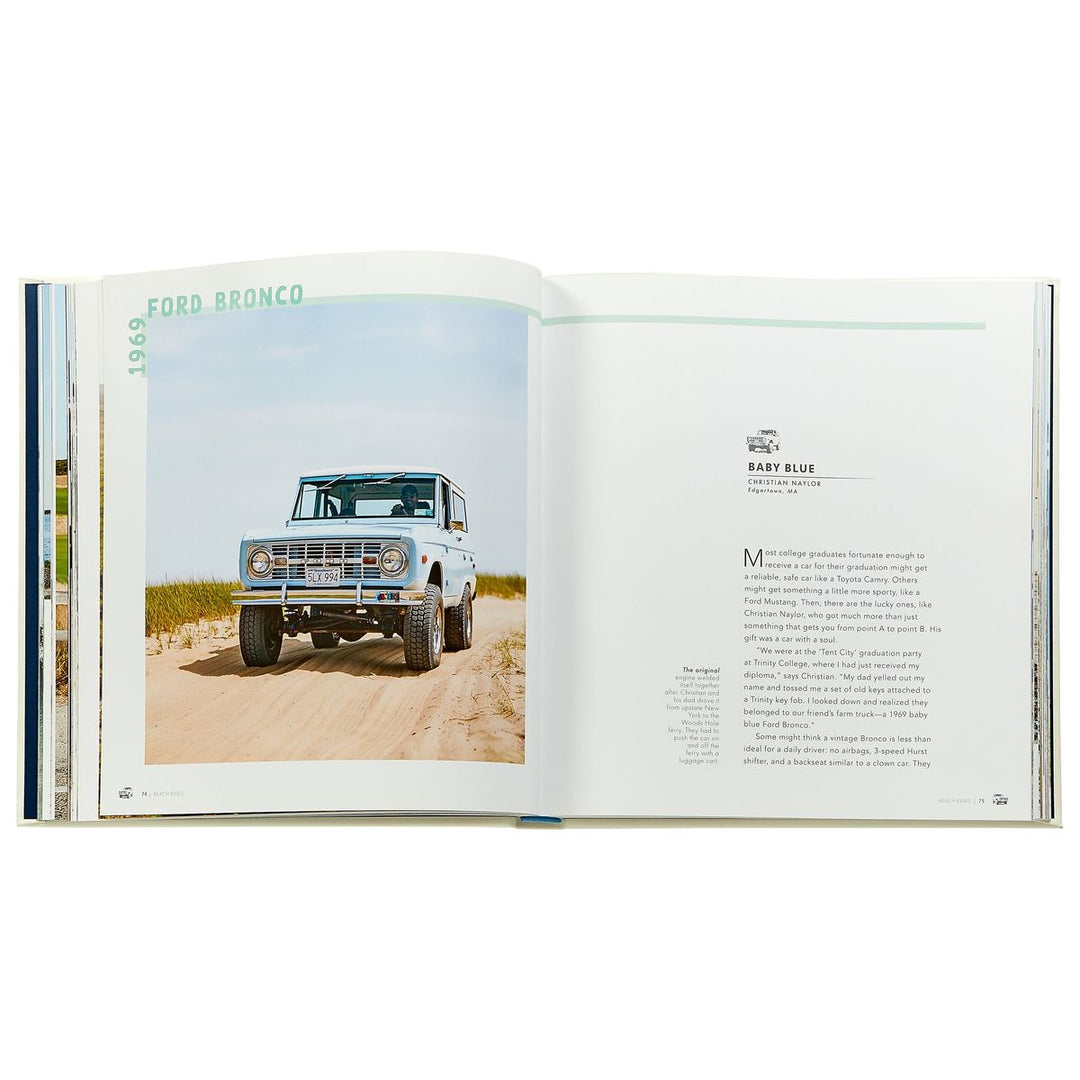 Open book showing a Ford Bronco on a beach with text on the right page.