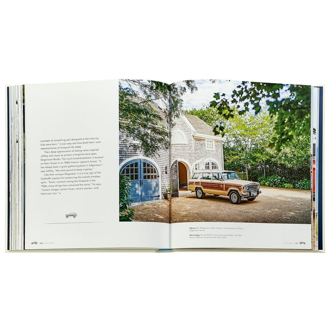 Open book showing a photo of a vintage station wagon in front of a house.