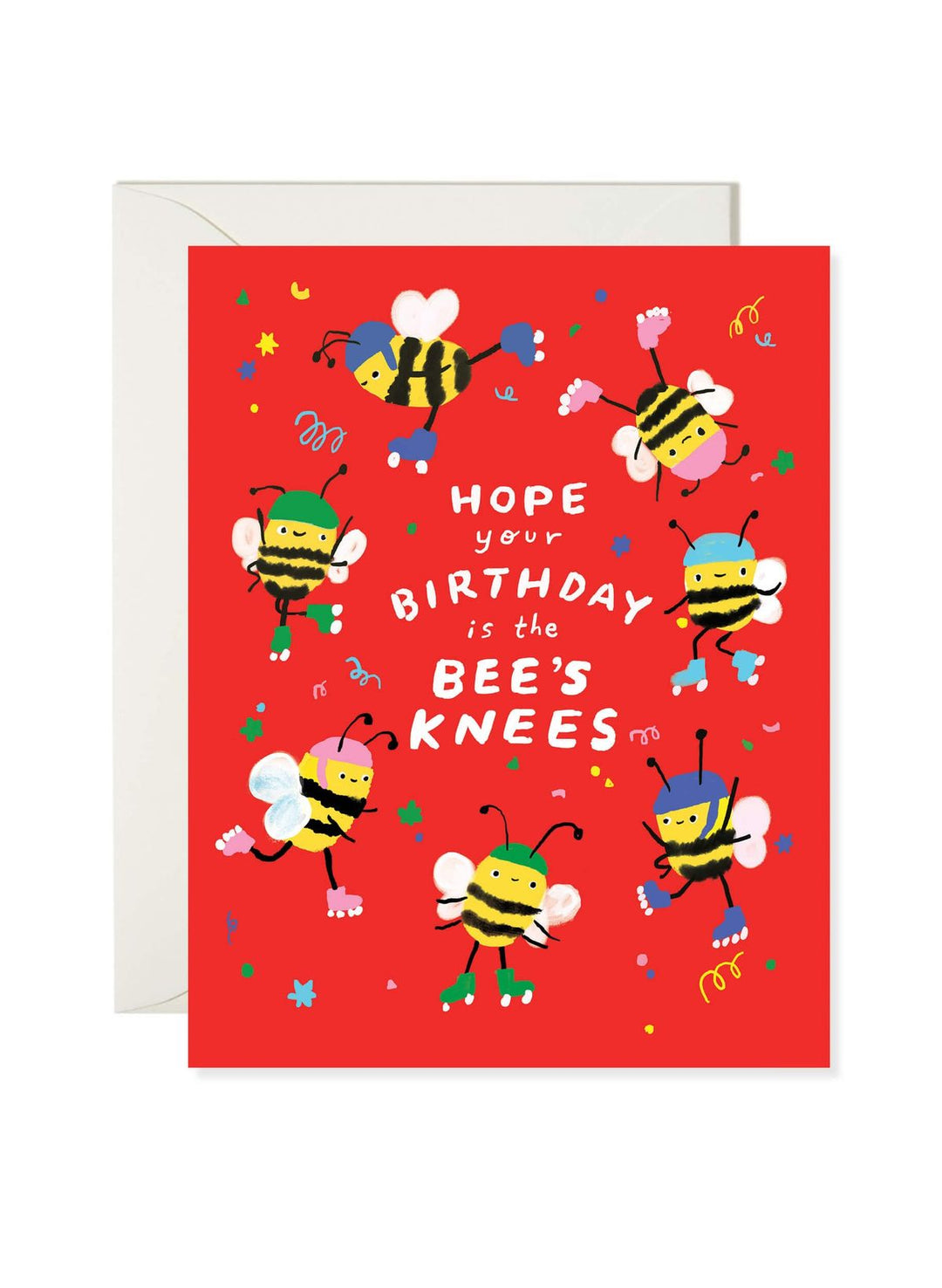 Birthday card with cartoon bees and text on a red background