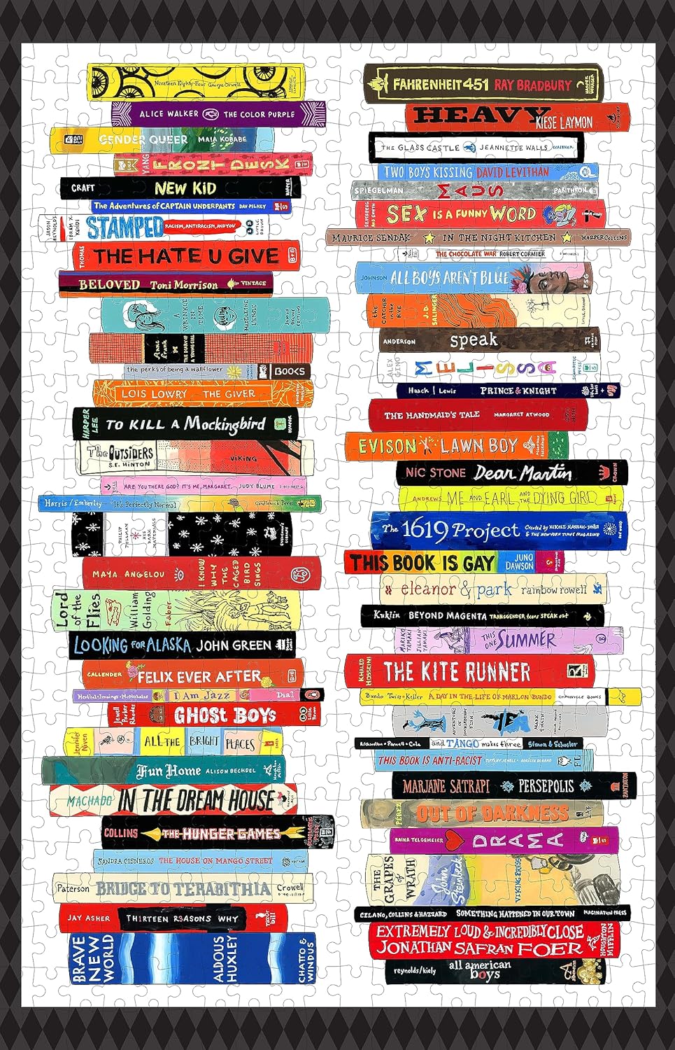 Stack of books with various titles and colors on a white background