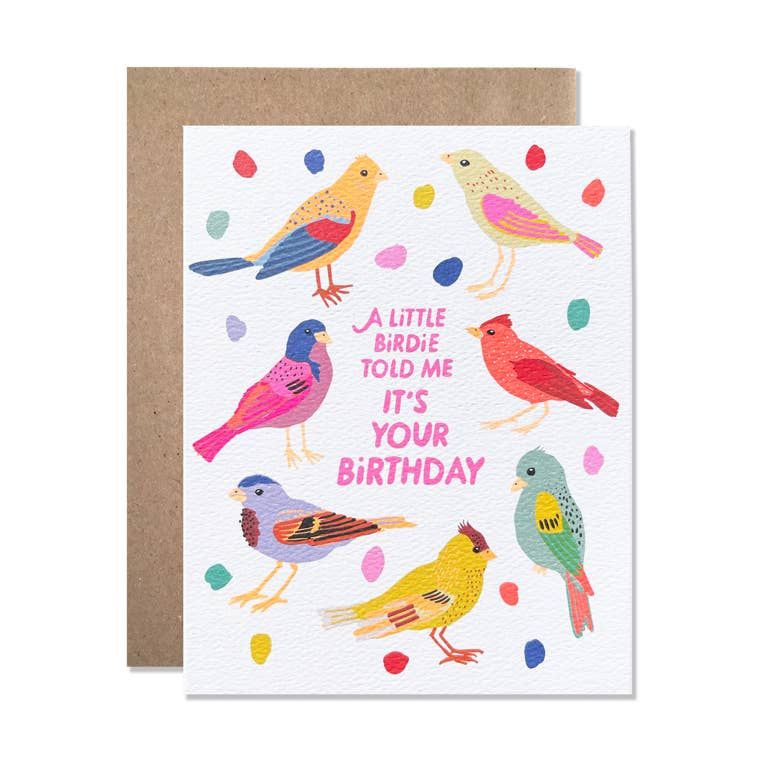 Greeting card with colorful birds and birthday message on a white background