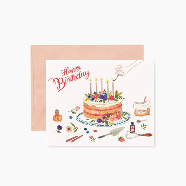Birthday card with a cake illustration and 'Happy Birthday' text on a white background.