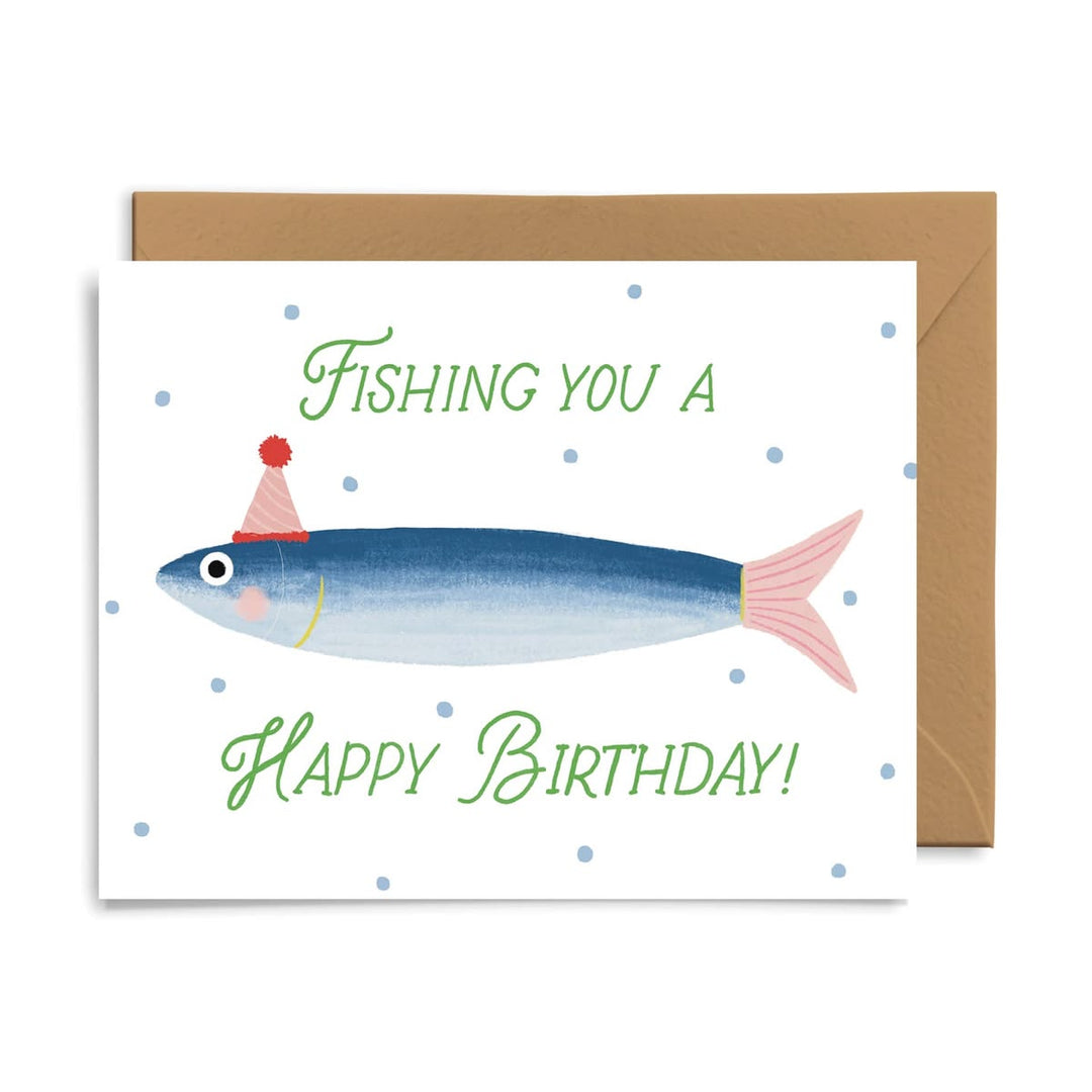Birthday card with a fish wearing a party hat and text 'Fishing You A Happy Birthday!' on a white background.