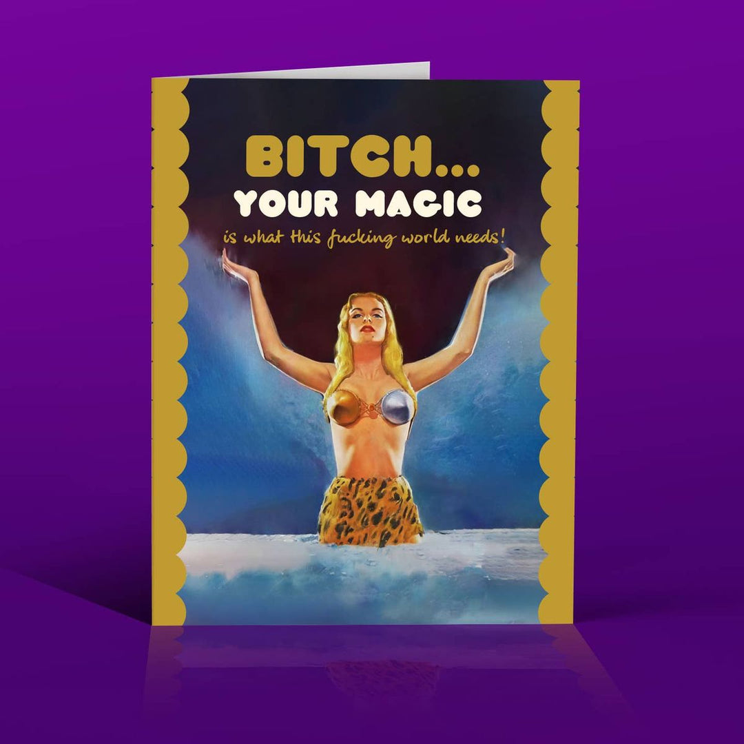 Card with a graphic of a woman in a leopard print outfit and text on a purple background