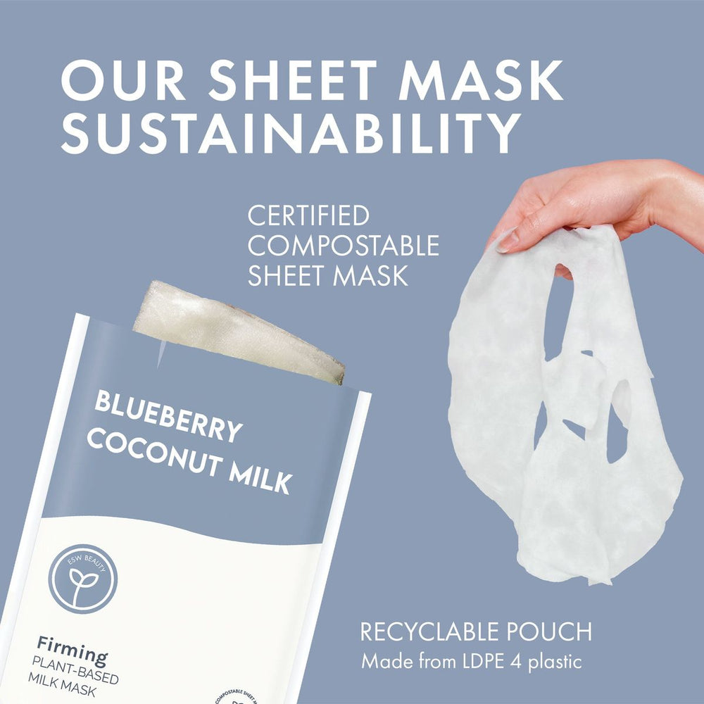 Sheet mask with compostable packaging and recyclable pouch on a blue background