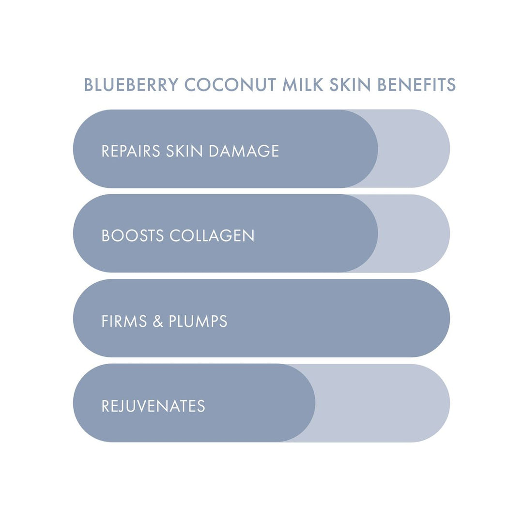 List of blueberry coconut milk skin benefits on a light gray background