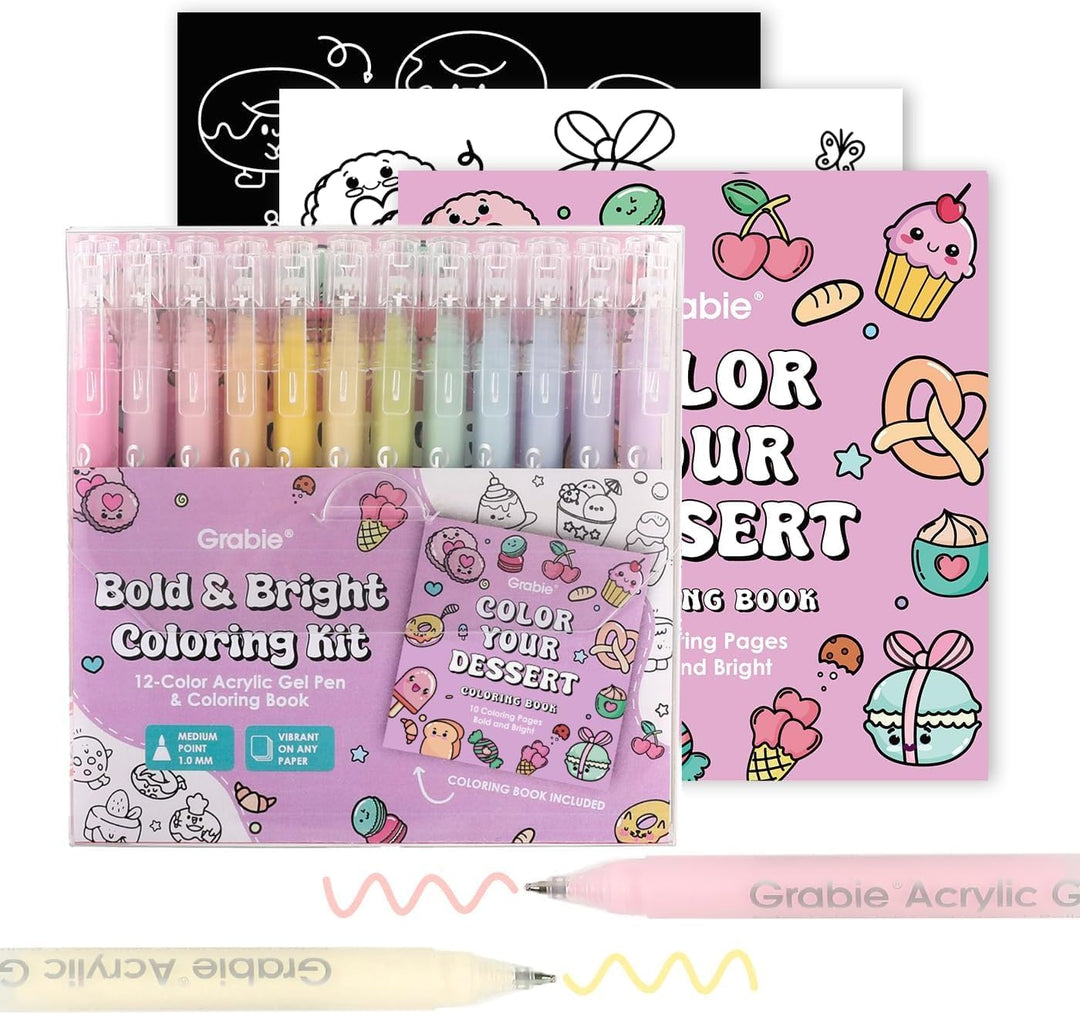 Grable Bold & Bright Coloring Kit with acrylic gel pens and coloring book on a white background