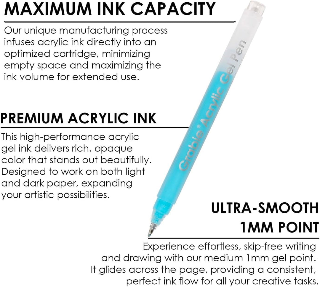 Blue acrylic gel pen with text about ink capacity, premium acrylic ink, and ultra-smooth 1mm point on a white background.