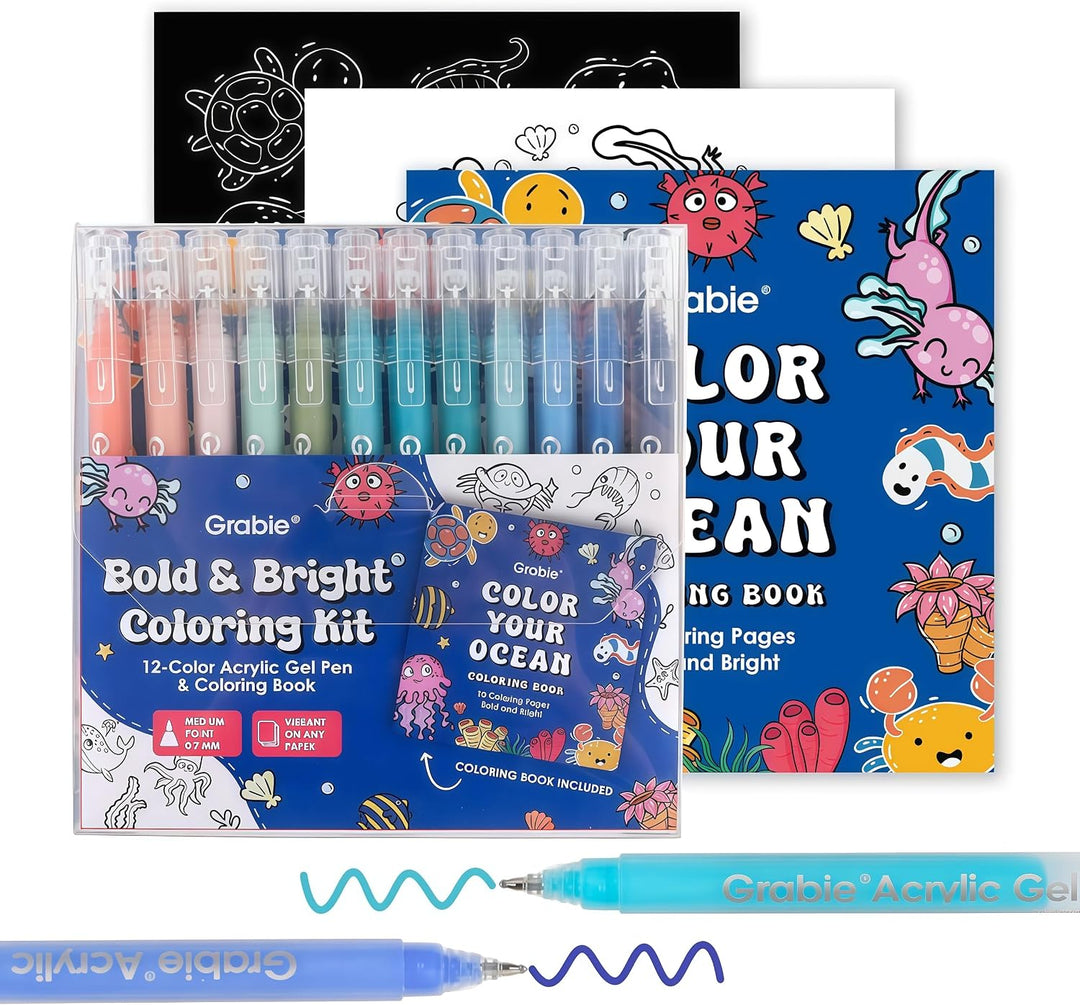 Grable Bold & Bright Coloring Kit featuring a 12-color acrylic gel pen set in a clear plastic case, a blue coloring book with sea creatures, a black-and-white coloring page, and a blue acrylic gel pen shown with sample squiggle lines.
