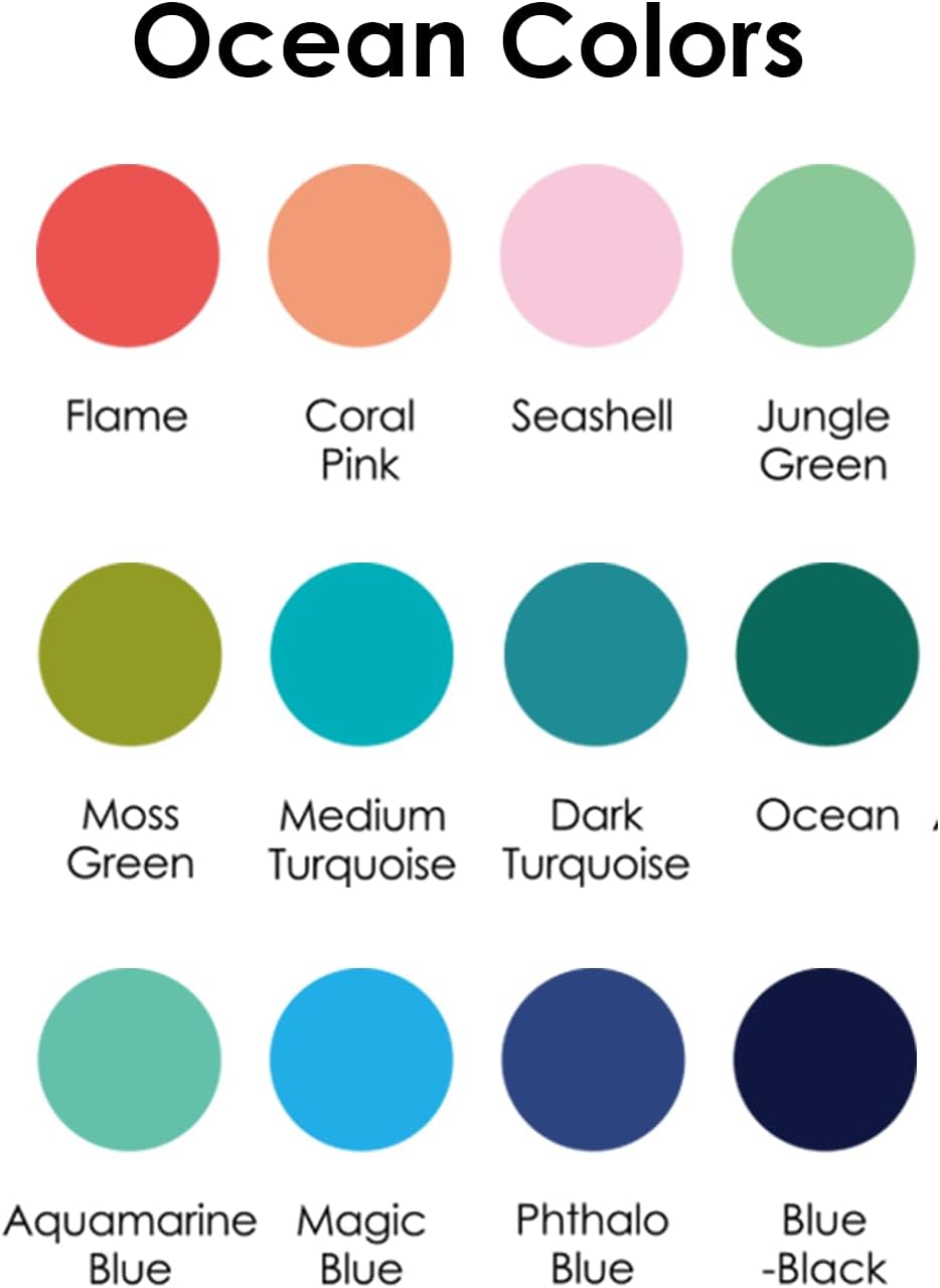 An ocean color chart titled 'Ocean Colors' showing a grid of circular color swatches with names such as Flame, Coral Pink, Seashell, Jungle Green, Moss Green, Medium Turquoise, Dark Turquoise, Aquamarine, Magic Blue, Phthalo Blue, and Blue -Black on a white background.