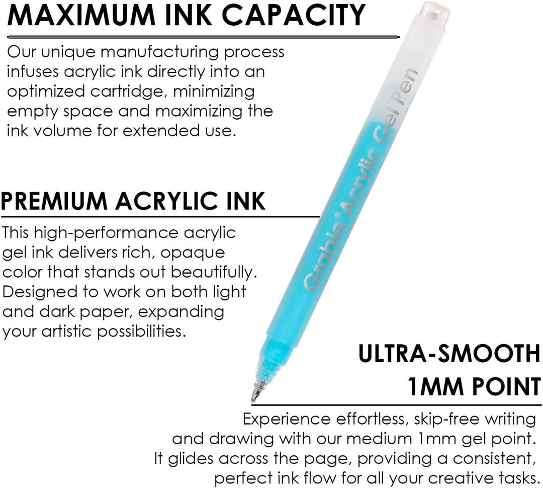 Blue acrylic gel pen with text about ink capacity, premium acrylic ink, and ultra-smooth 1mm point on a white background.