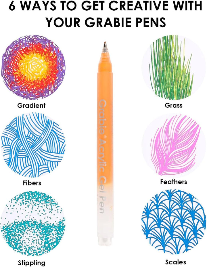 Grabie pens with examples of artistic designs they can create.