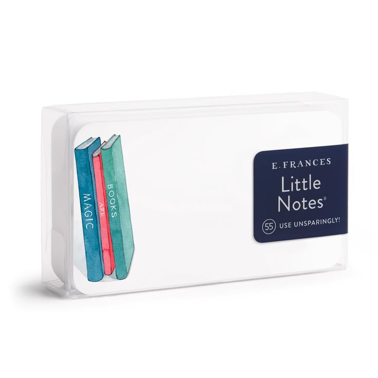 Packaged set of E. Frances Little Notes with colorful books on a white background
