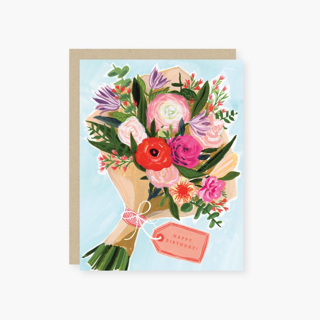 Greeting card with a bouquet of flowers and 'Happy Birthday' tag on a light blue background