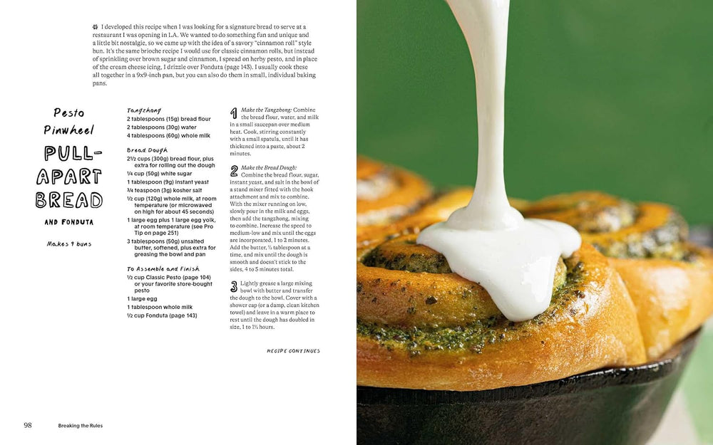 A two-page spread from a cookbook showing the recipe for Pasta Pompadour Pull-Apart Bread. The left page contains the ingredients and step-by-step instructions in black text on a white background.