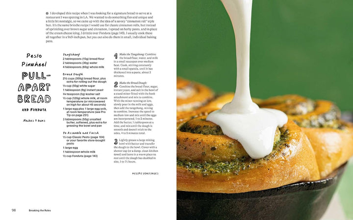A two-page spread from a cookbook showing the recipe for Pasta Pompadour Pull-Apart Bread. The left page contains the ingredients and step-by-step instructions in black text on a white background.