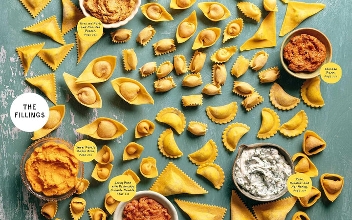 Various types of pasta with different fillings on a textured surface