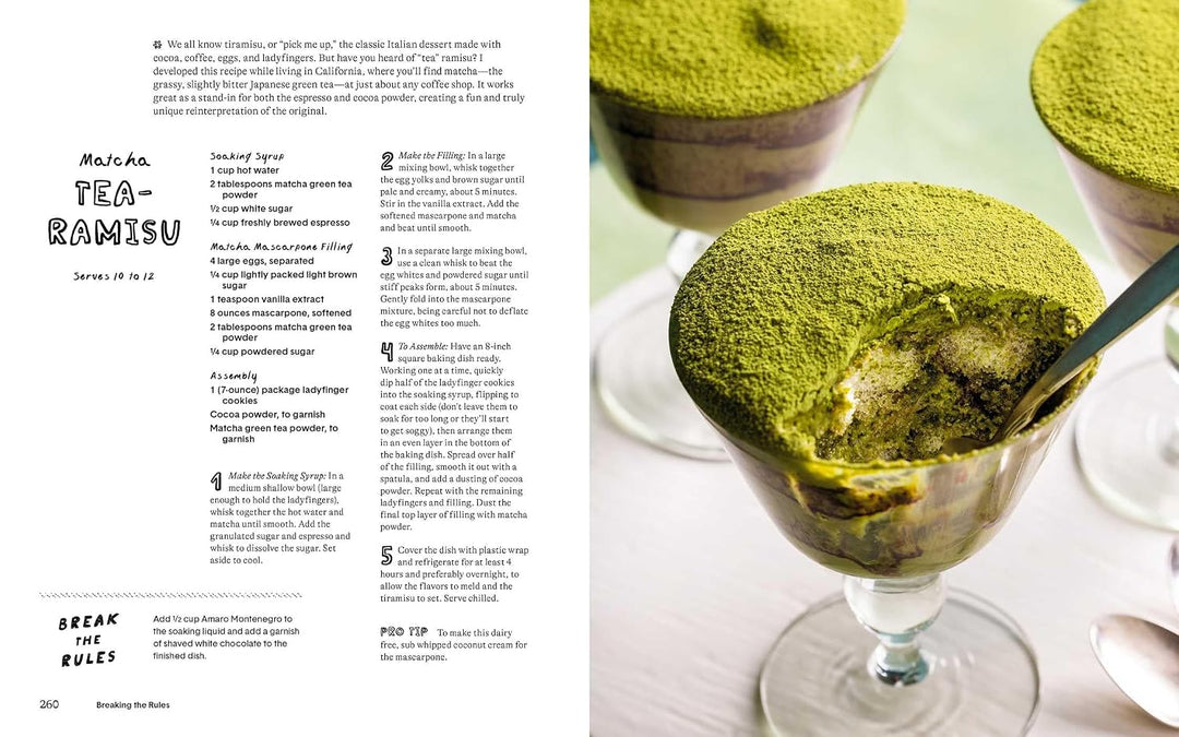 A printed recipe card or booklet spread showing the preparation instructions for Maje's Tea Ramisu dessert, alongside a close-up photo of the finished dessert served in a glass.