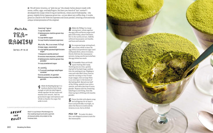 A printed recipe card or booklet spread showing the preparation instructions for Maje's Tea Ramisu dessert, alongside a close-up photo of the finished dessert served in a glass.