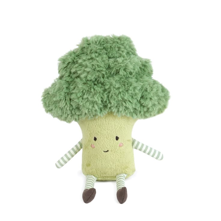 Plush toy shaped like a broccoli with a smiling face on a white background