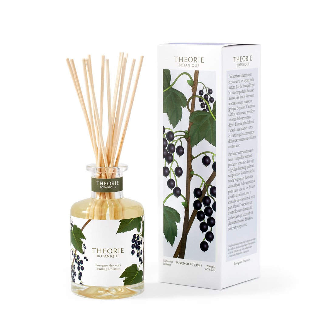 Theorie diffuser bottle and packaging with black currant design on a white background