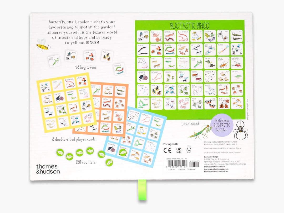 Educational product packaging with illustrations of insects and game cards on a white background