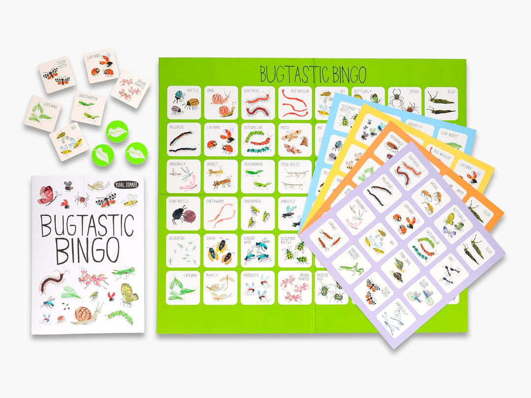 Bugtastic Bingo game set with cards and calling cards on a white background