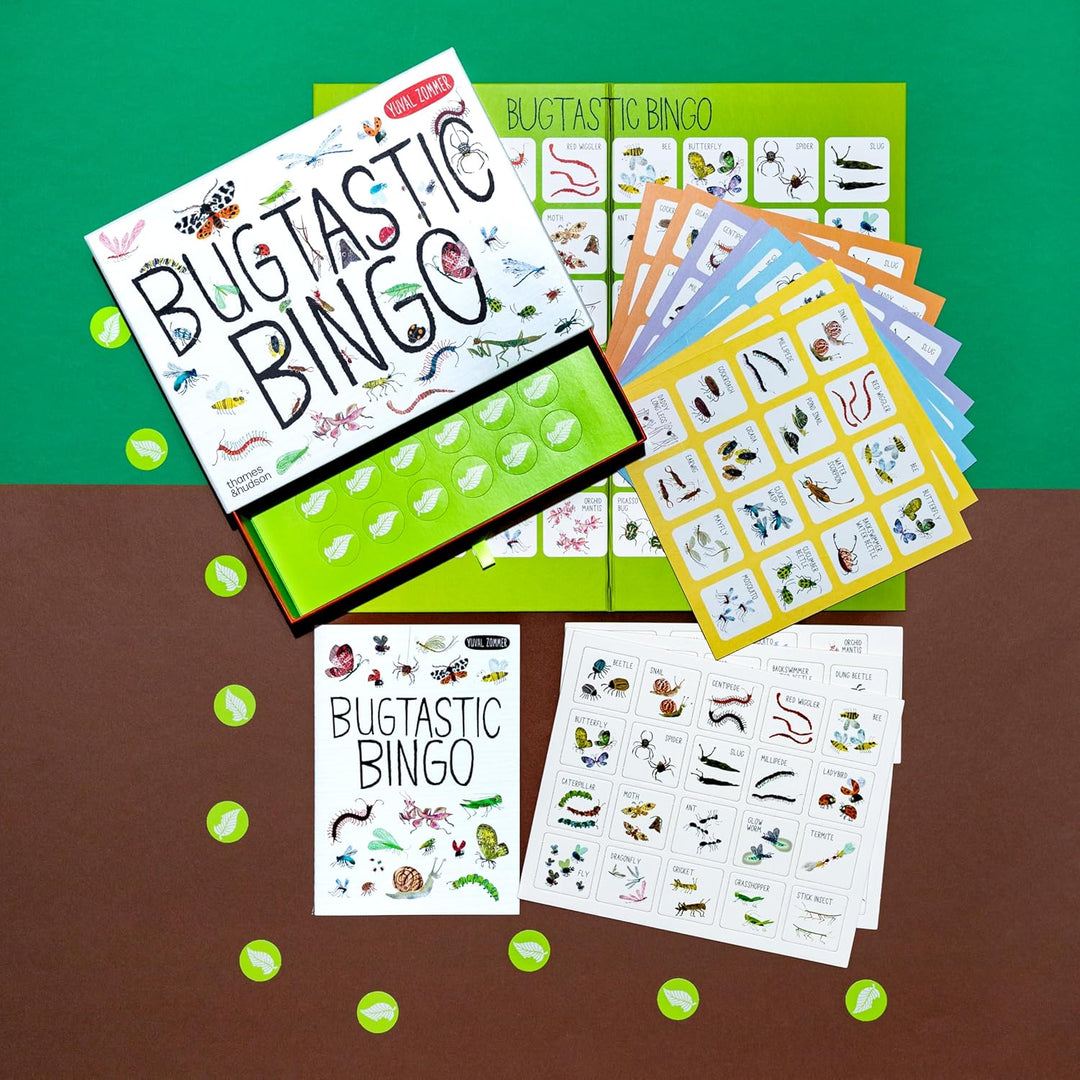 Bugtastic Bingo game set with cards and boxes on a green and brown background