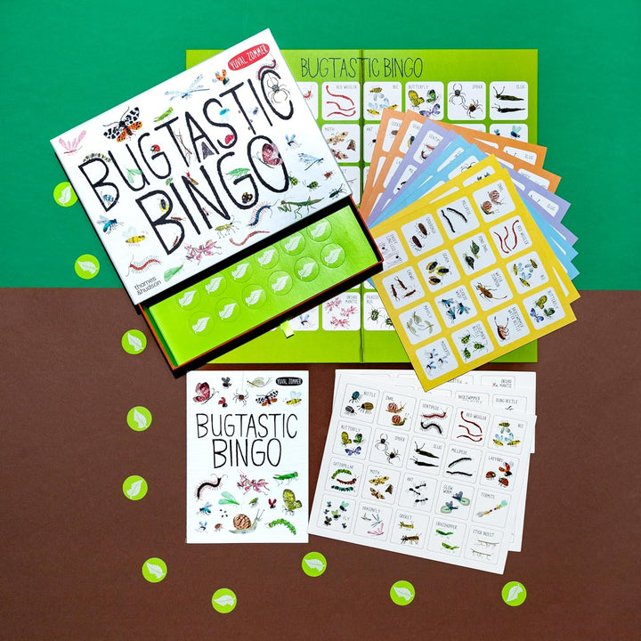 Bugtastic Bingo game set with cards and boxes on a green and brown background