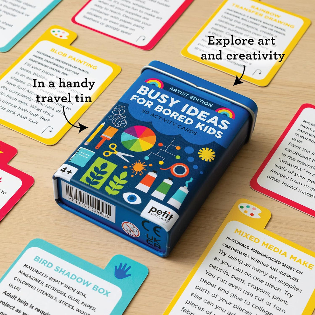 Box of 'Busy Ideas for Bored Kids' activity cards on a wooden surface with cards displayed around it.