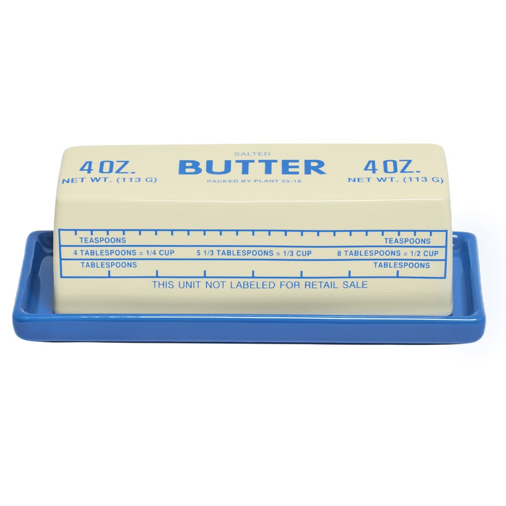 Butter container with blue lid and measurement scale on a white background