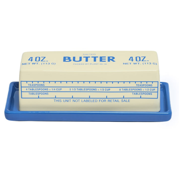 Butter container with blue lid and measurement scale on a white background