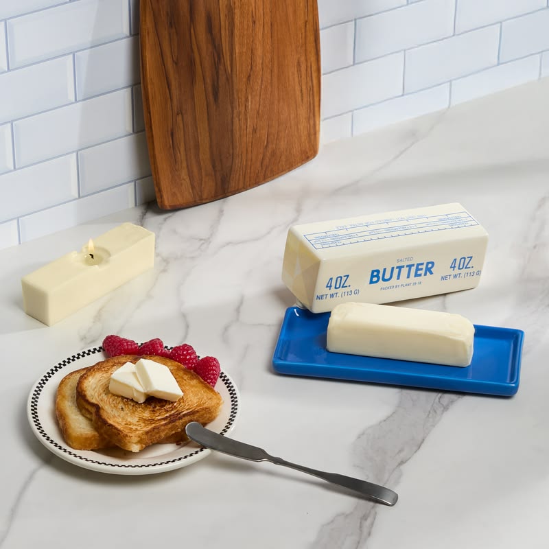 Butter on a plate with toast and a stick of butter on a blue tray on a marble countertop.