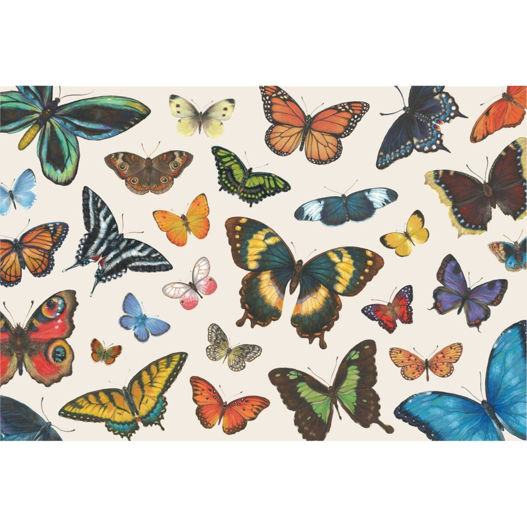Pattern of colorful butterflies on a beige background