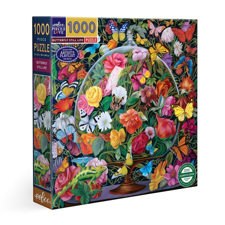 Jigsaw puzzle box with colorful butterfly and floral design on a white background