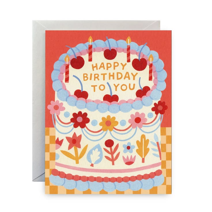 Birthday card with a colorful cake illustration and 'Happy Birthday To You' text on a red background.