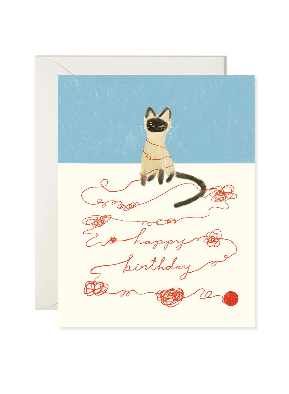 Greeting card with a cat illustration and 'Happy Birthday' text on a blue and white background