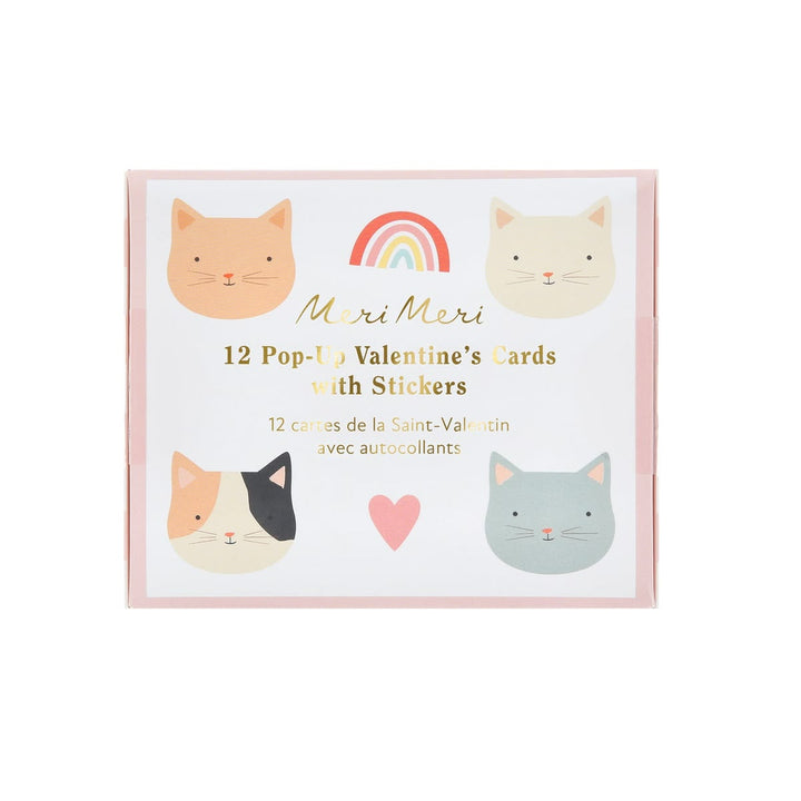 Pack of 12 Valentine's Day cards with stickers featuring cat illustrations on a white background.