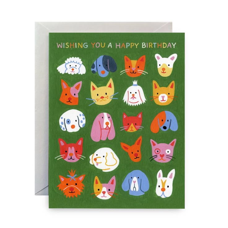 Birthday card with colorful animal illustrations on a green background