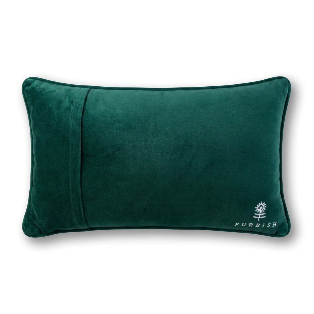 A rectangular emerald green velvet lumbar pillow with a vertical channel detail on the left side and a small white embroidered 'FURBISH' logo on the bottom right, shown on a plain white background.