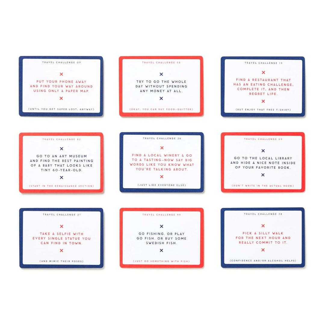 Set of travel challenge cards with red and blue borders on a white background