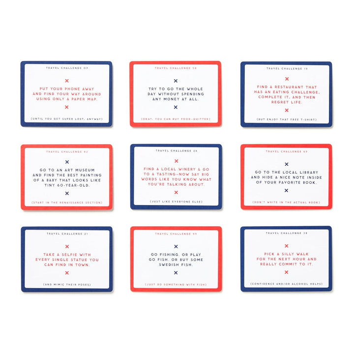 Set of travel challenge cards with red and blue borders on a white background