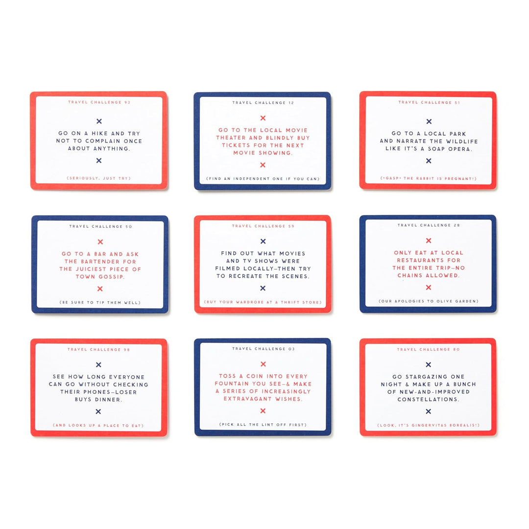 Set of travel-themed cards with red, blue, and white borders on a white background