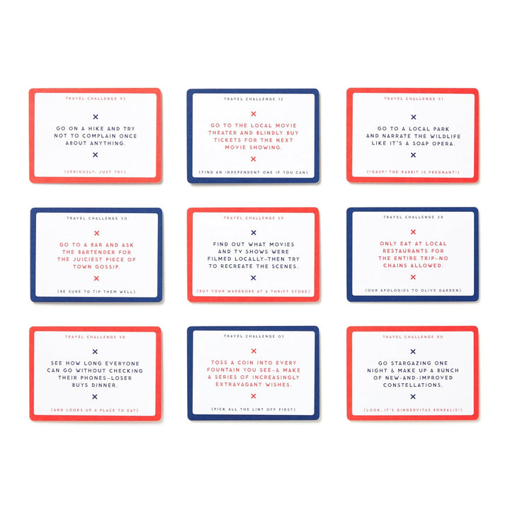 Set of travel-themed cards with red, blue, and white borders on a white background