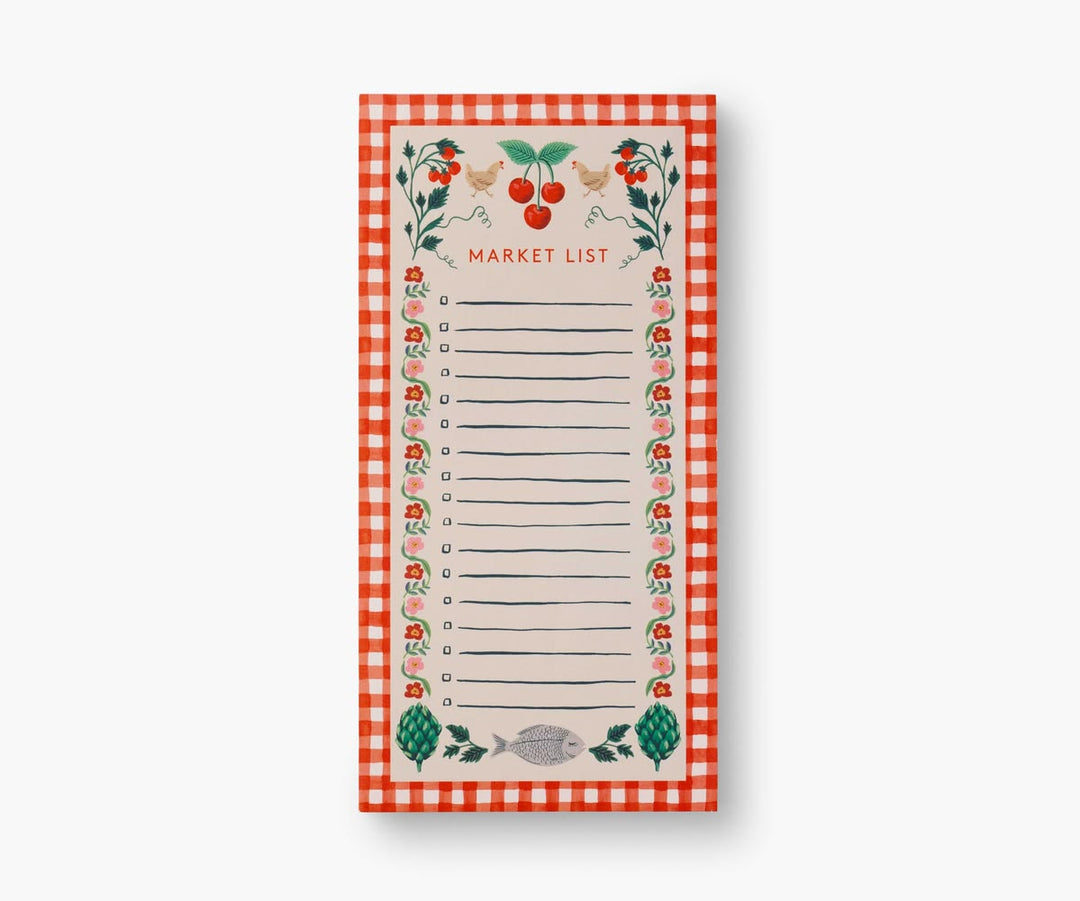 A vertical market list notepad with a red and white gingham border, decorated with illustrations of cherries, birds, and pinecones, and a central lined writing area labeled 'MARKET LIST'.