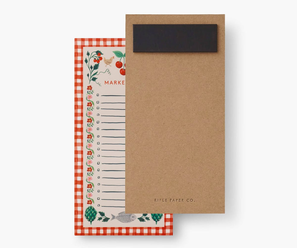Notebook with a magnetic strip on top and a checkered design on the cover
