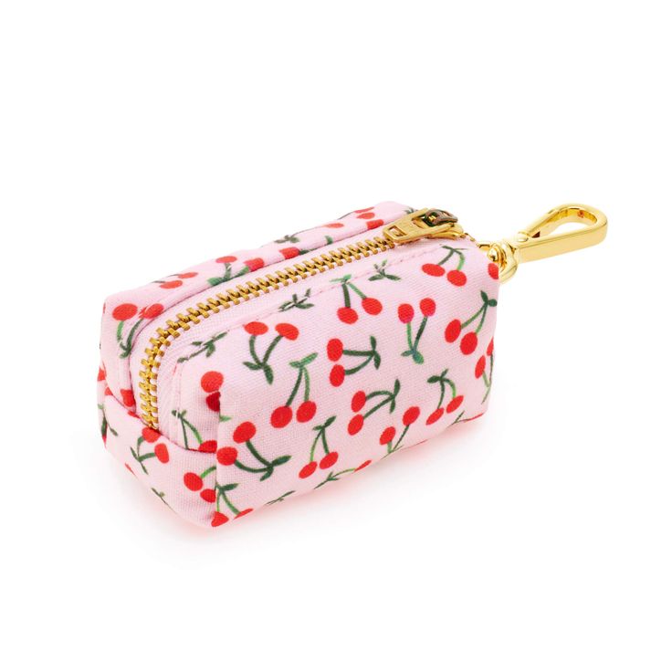 Small pouch with cherry pattern and gold zipper on a white background