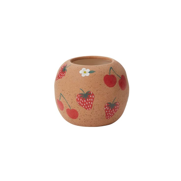 Ceramic pot with strawberry design on a white background