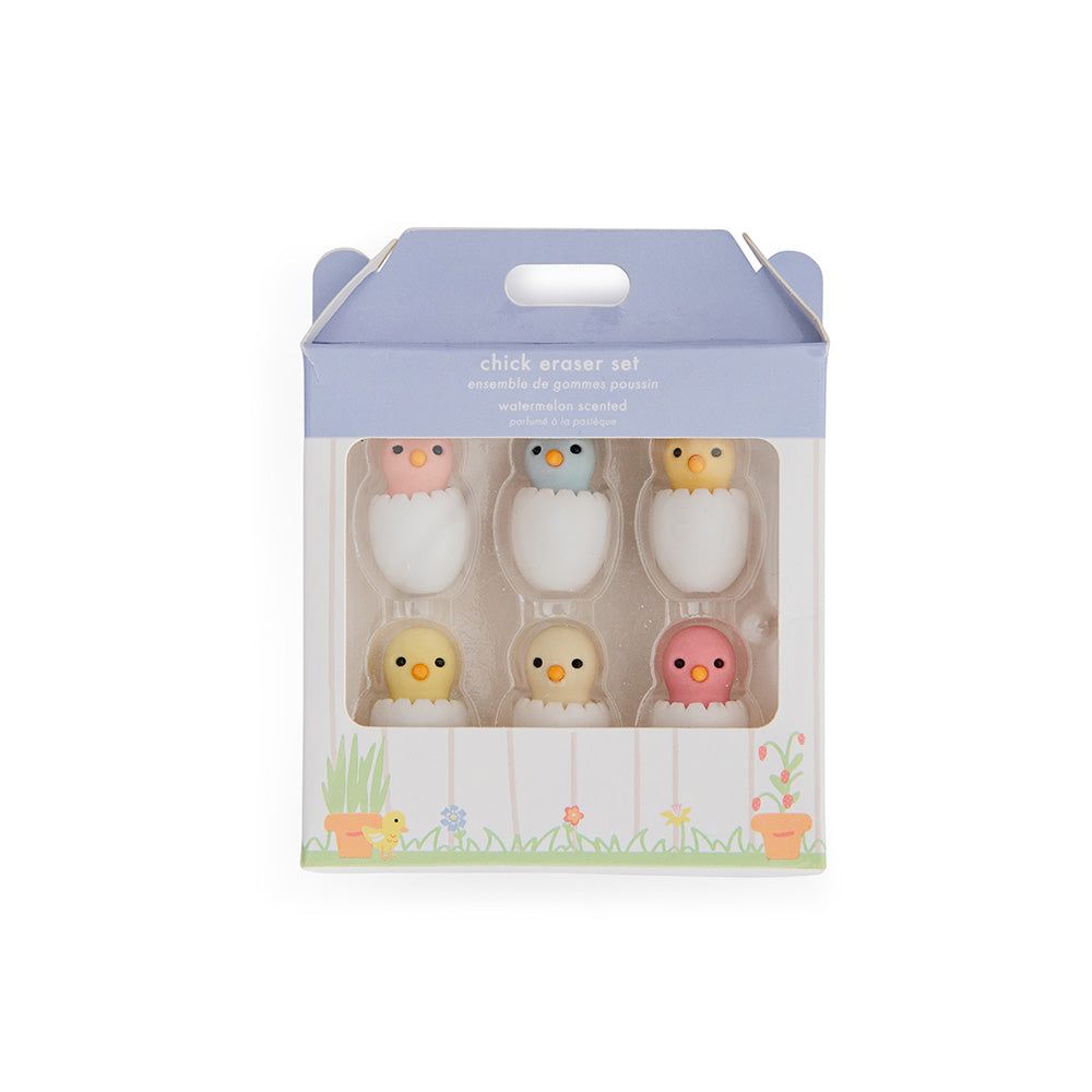 Set of chick erasers in packaging on a white background